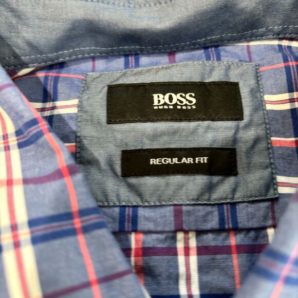 Hugo Boss Button Up Shirt Men's Size L Purple Lavender check Pattern - Picture 11 of 14